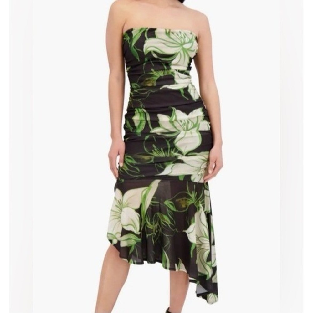Siena Asymmetric Ruched Strapless Green Floral Bodycon Midi Dress Womens Size 14